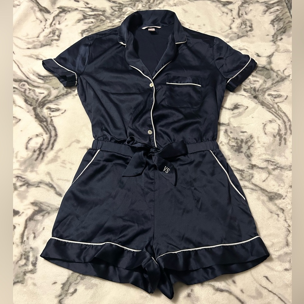 victoria’s secret navy blue satin one piece pajamas